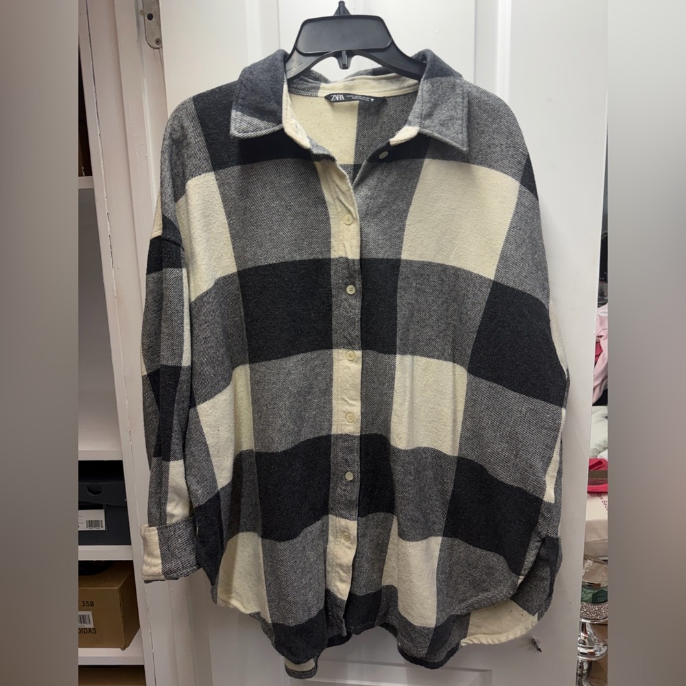 Zara Black & Cream Buffalo Plaid Oversized Button-Up